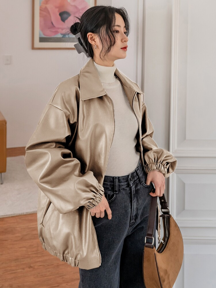 Dazy-Less Drop Shoulder Slant Pockets PU Jacket | SHEIN
