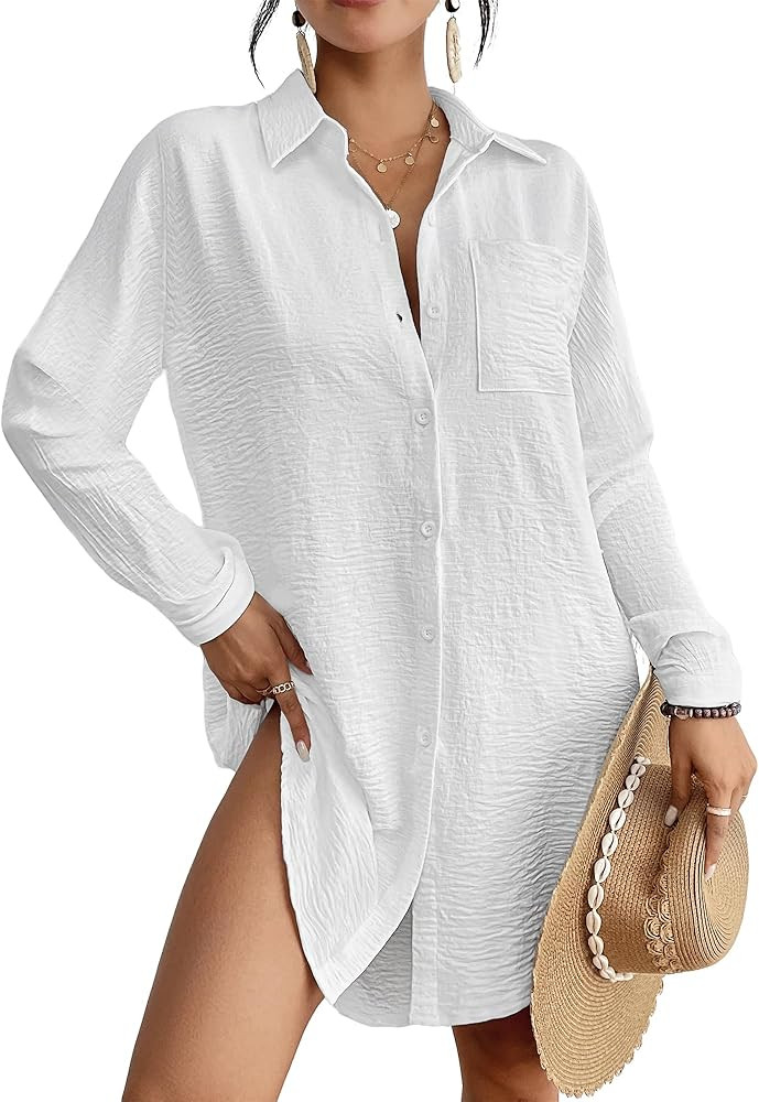 Bsubseach Swimsuit Coverup for Women Button Down Beach Cover Ups Long Sleeve Shirt Dress Modern B... | Amazon (US)