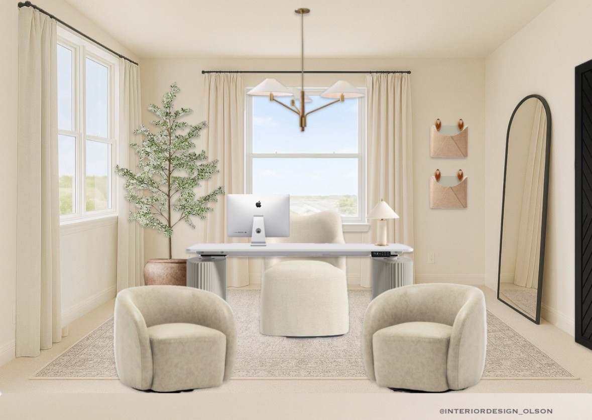 Neutral, Cozy, High-End Office Reveal 

Designing a workspace you actually want to spend time in makes all the difference. This neutral home office features ivory swivel chairs, a textured rug, linen pinch-pleat drapes, an oversized arch mirror, and a sculptural desk setup that keeps the space light, warm, and elevated.

If you love McGee–inspired neutrals, modern organic furniture, cozy feminine offices, or ergonomic design that still feels beautiful, everything is linked here.
Shop the desk, swivel chairs, rug, drapes, lighting, tree, baskets, and wall mirror below 🤍

neutral office, modern organic home office, feminine office design, swivel chairs, home office inspo, desk setup ideas, office makeover, cozy workspace, home decor favorites