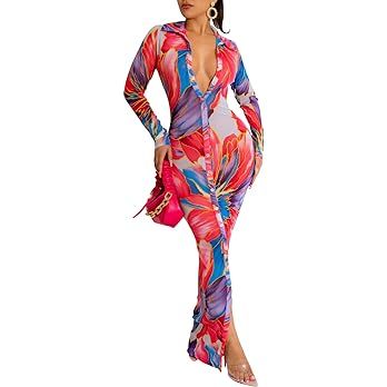 Women's Sheer Mesh Long Sleeve Bodycon Midi Dress Club Night Out Dresses Beach Cover Up Dress | Amazon (US)