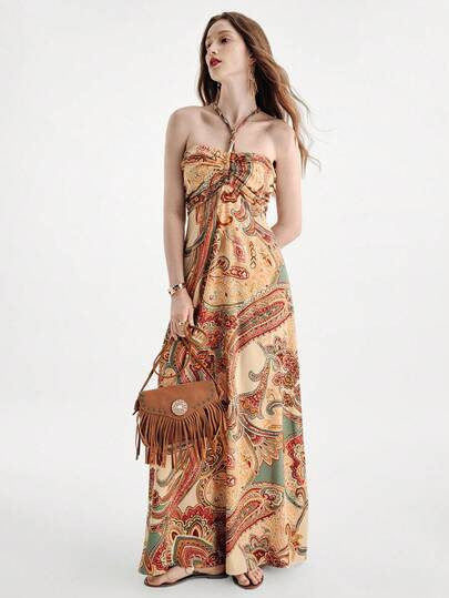 Aveloria Modichic Colorful Floral Print Halter Maxi Dress, Romantic Sweet Energetic Style Reveali... | SHEIN