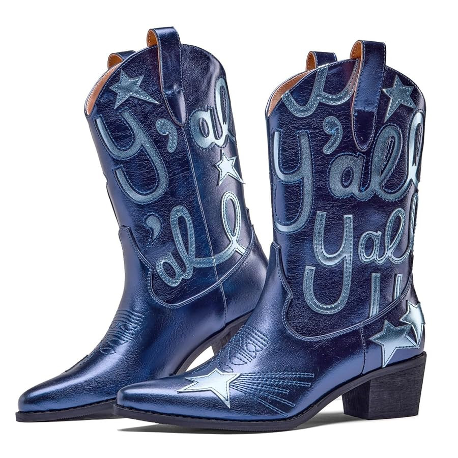 Metallic Cowboy boots for Women Embroidered Mid Calf Womens Cowgirl Boots Western Pointed Toe Chu... | Amazon (US)