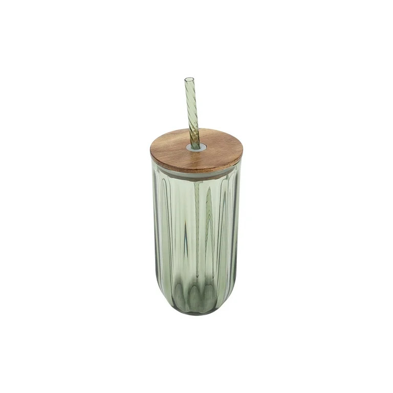 Better Homes & Gardens 21-Ounce Tritan Plastic Sipper and Straw with Acacia Wood Lid, Green | Walmart (US)