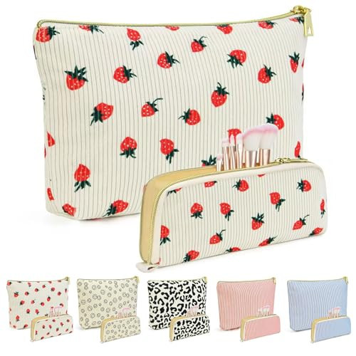 FANGENKE 2Pieces Makeup Bag Pouch,Strawberry Corduroy Cosmetic Bag Set Travel Toiletry Bag Marker Bag Makeup Brushes Aesthetic Accessories Storage Bag for Women Girls,for Shool(Strawberry) | Amazon (US)