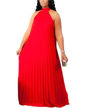 IyMoo Womens Sexy Plus Size Chiffon Dress Sleeveless Pleated Skirts Long Boho Beach Maxi Dresses | Amazon (US)