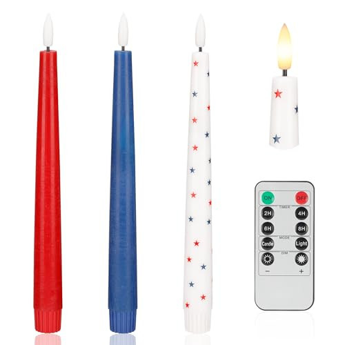 Red White and Blue Star Candles, Flameless Taper Candles with 3D Wick, Real Wax 4th of July Flameless Candles with Remote, 9.6" Battery Operated Patriotic Led Candlesticks, 3 Pack | Amazon (US)