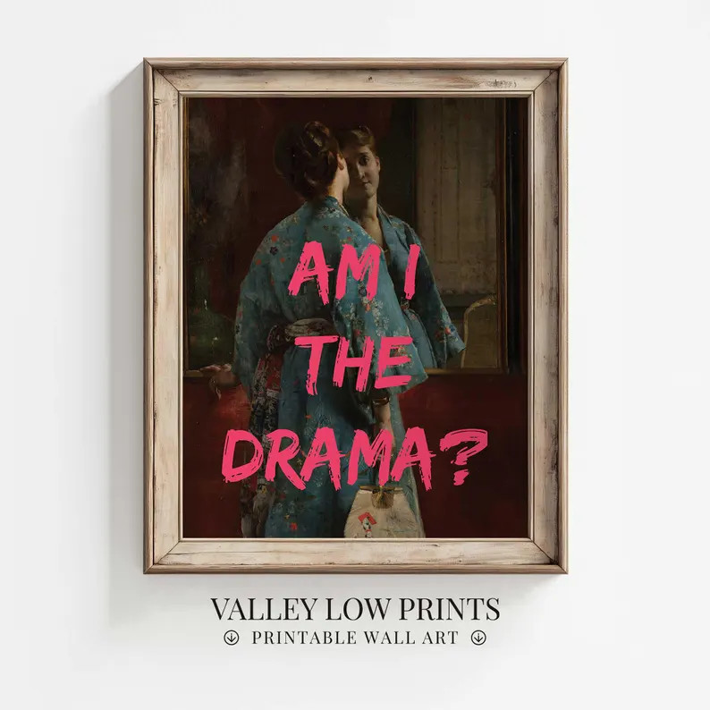 Altered Art Vintage Painting | Am I the Drama? Wall Art | Trendy Eclectic Print | Pink Quote Post... | Etsy (US)