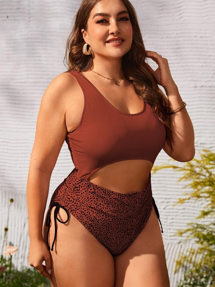 SHEIN Plus Dalmatian Print Cut-out Drawstring Side One Piece Swimsuit | SHEIN