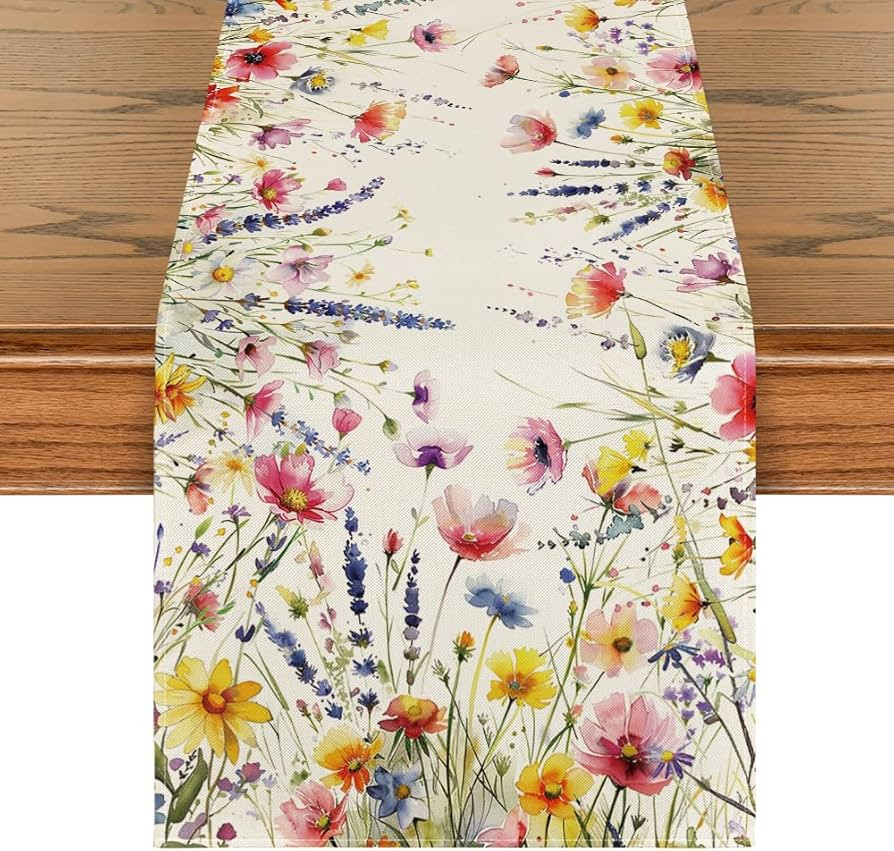 Artoid Mode Daisy Lavender Floral Leaves Spring Table Runner, Summer Kitchen Dining Table Decorat... | Amazon (US)