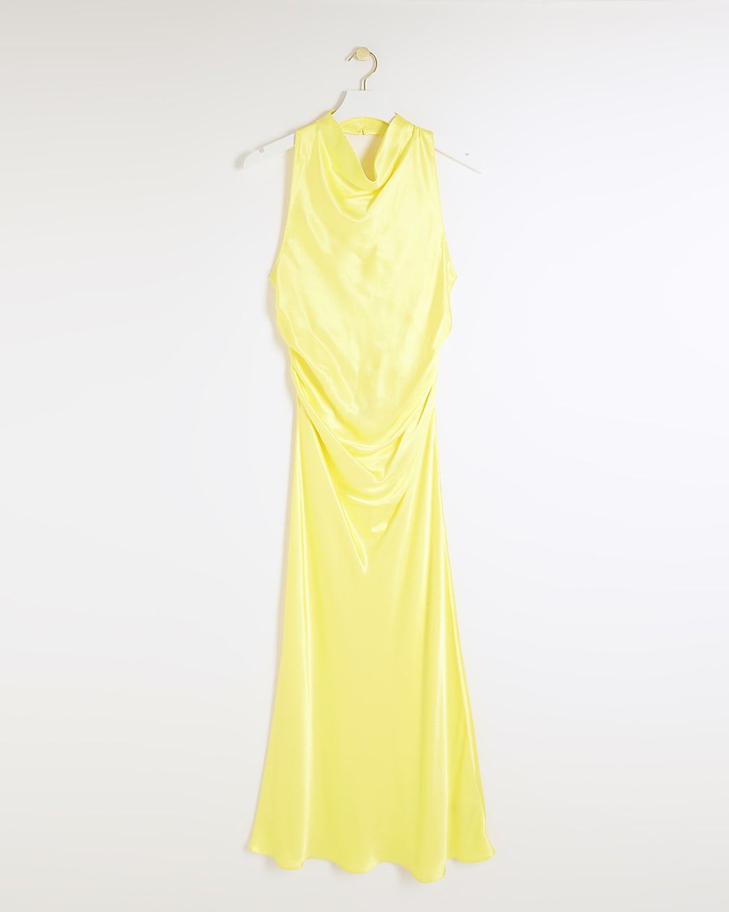 Yellow satin halter cowl neck midi dress | River Island (UK & IE)