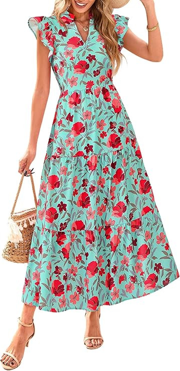 PRETTYGARDEN Women's 2026 Summer Floral Midi Dress Cap Sleeve V Neck Ruffle Long Flowy Boho Casua... | Amazon (US)