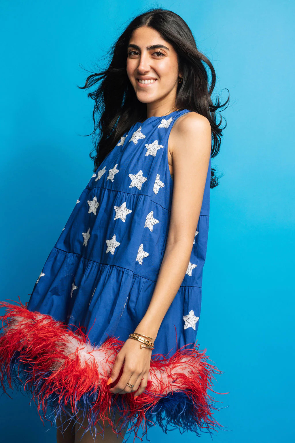 Blue Star Feather Bottom Tank Dress | Queen of Sparkles