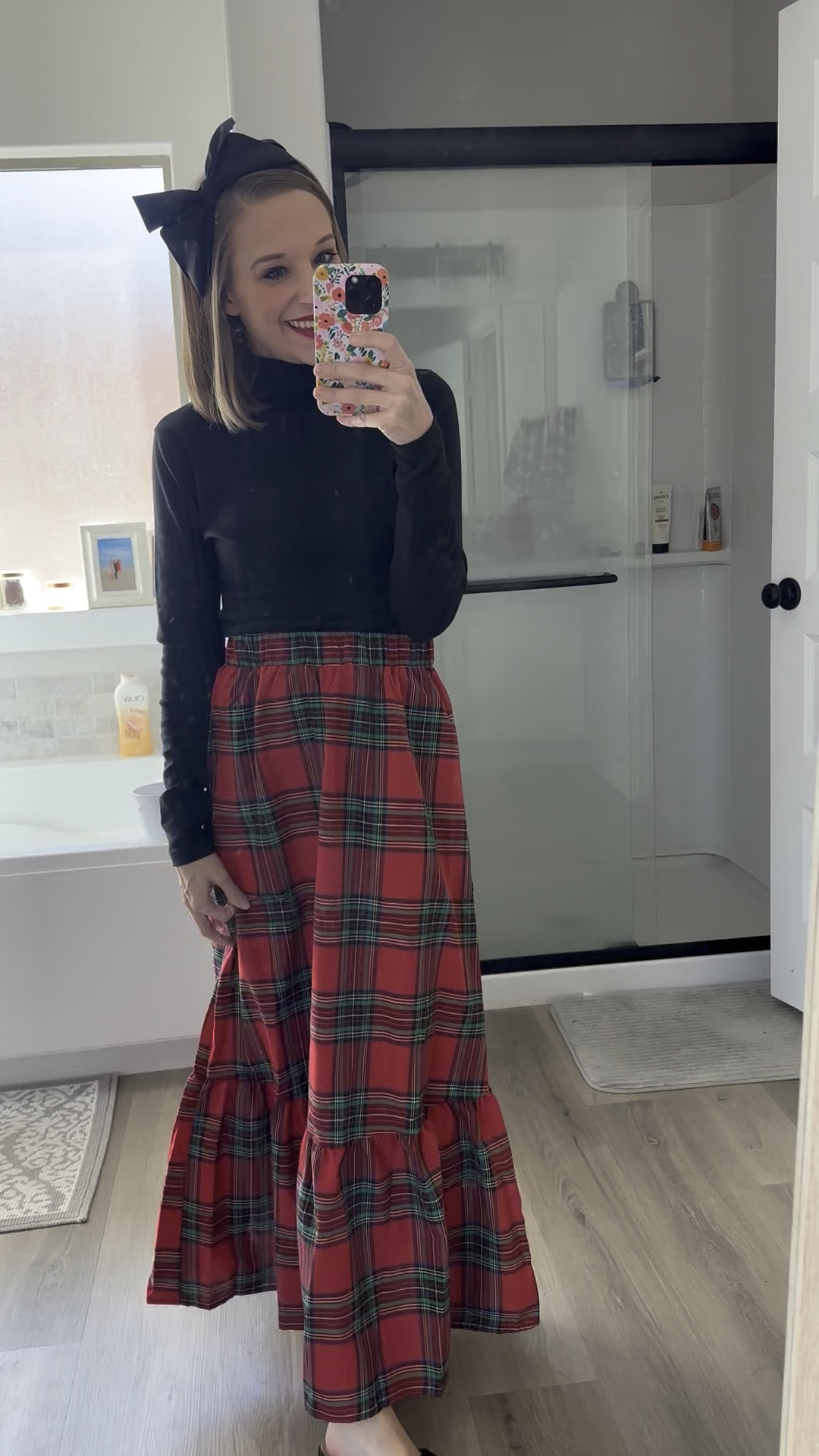 Christmas Eve service outfit idea! Tartan plaid skirt, turtleneck and mules!