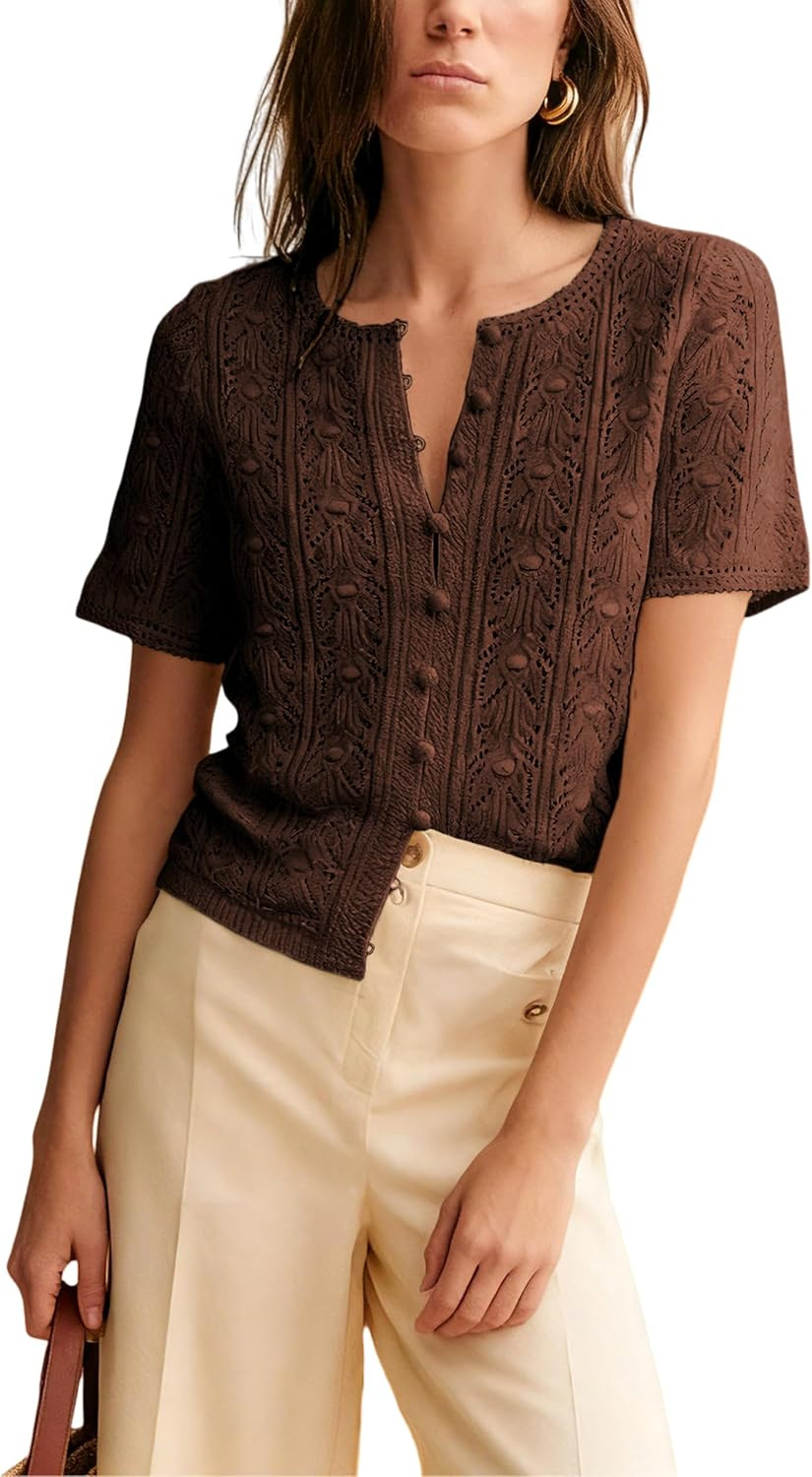 Bianstore Womens Casual Short Sleeve Crochet Knit Cardigans | Amazon (US)