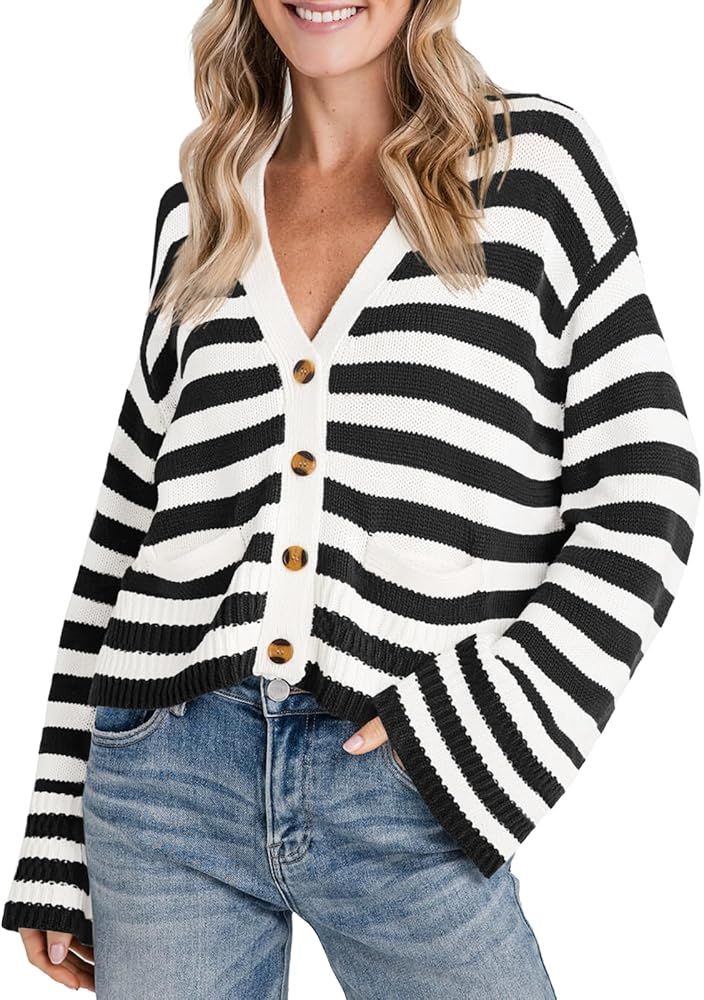 Saodimallsu Womens Striped Cardigan Sweaters Cropped Fall Button Open Front Long Sleeve Knit Swea... | Amazon (US)