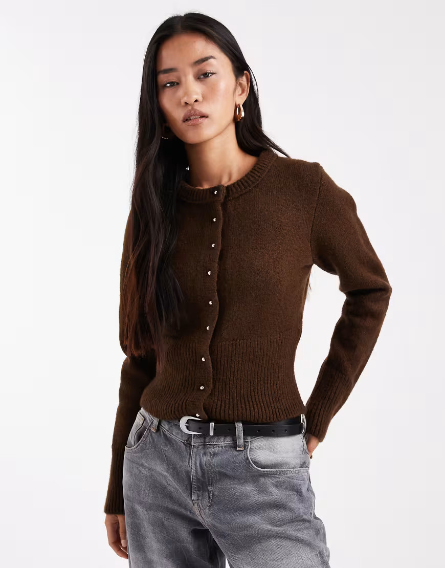 ASOS DESIGN fluffy neat fit knitted cardigan-Brown | ASOS (Global)