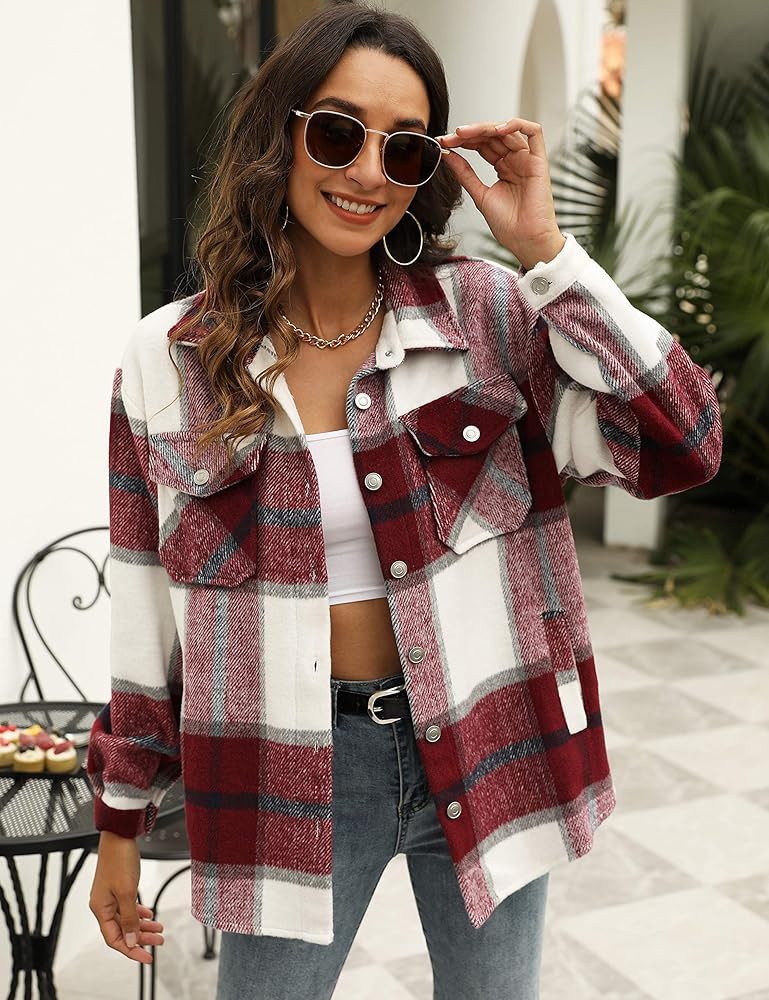 Springrain Womens Plaid Flannel Shacket Wool Blend Button Down Casual Shirt Jacket | Amazon (US)