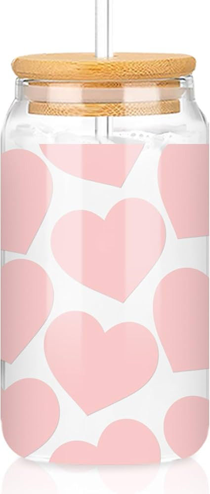 Whaline Valentine's Day Drinking Glasses Pink Heart Iced Coffee Cup with Bamboo Lids and Glass St... | Amazon (US)
