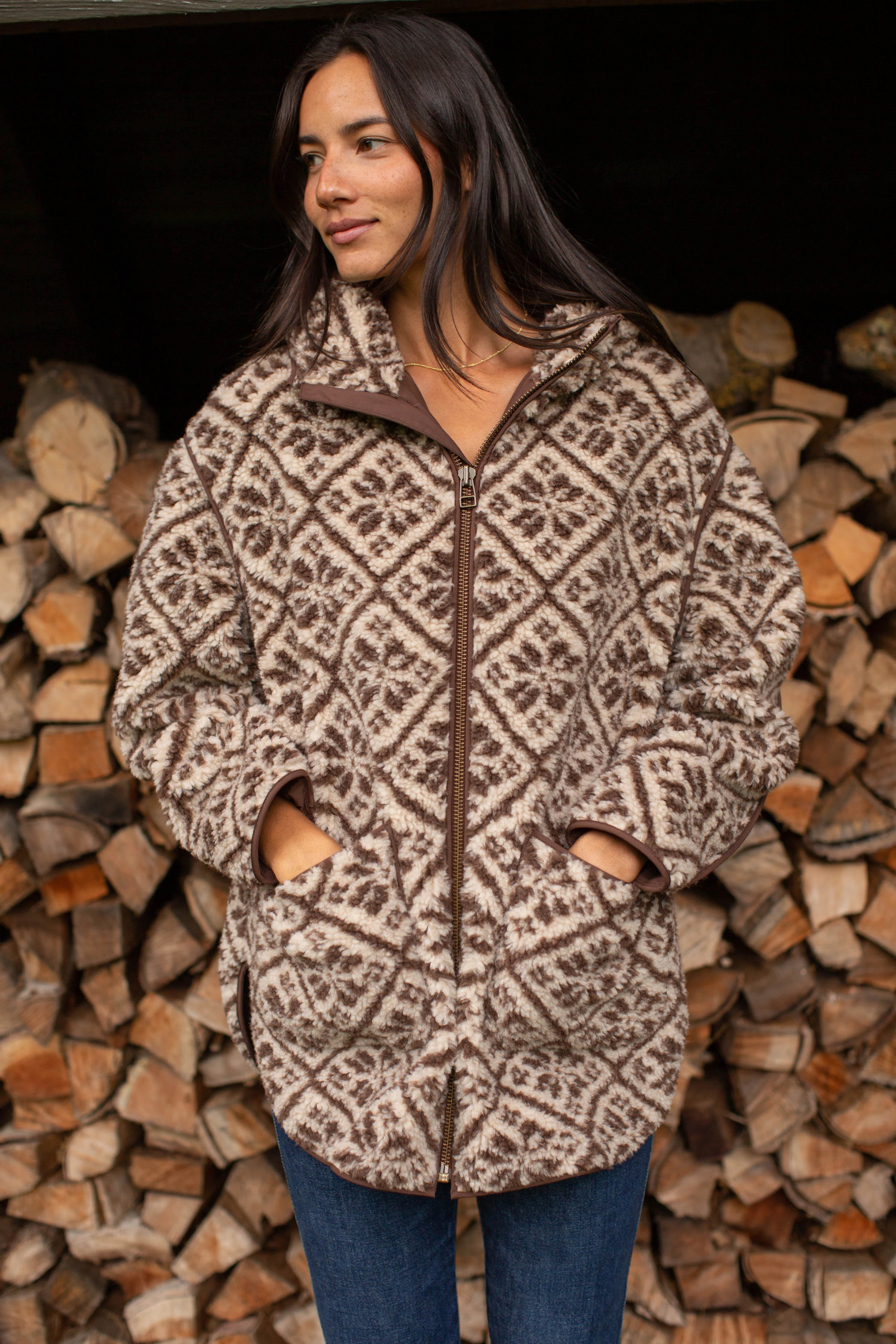 Hooded Sherpa Jacket - Brown Tile Jacquard | Marea