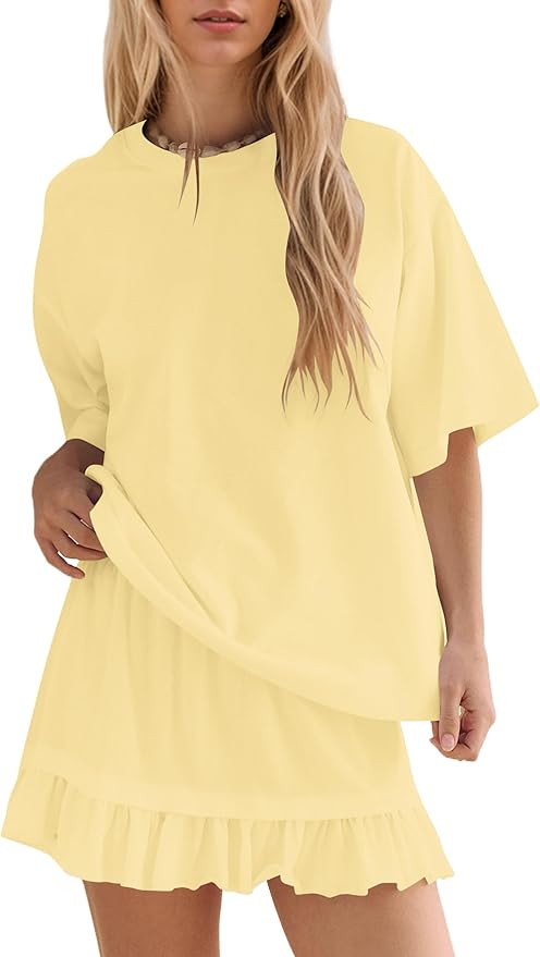OLAPTA Women 2 Piece Summer Outfits Short Sleeve Crewneck Tee Tops and Tiered Ruffle Mini Skirts ... | Amazon (US)