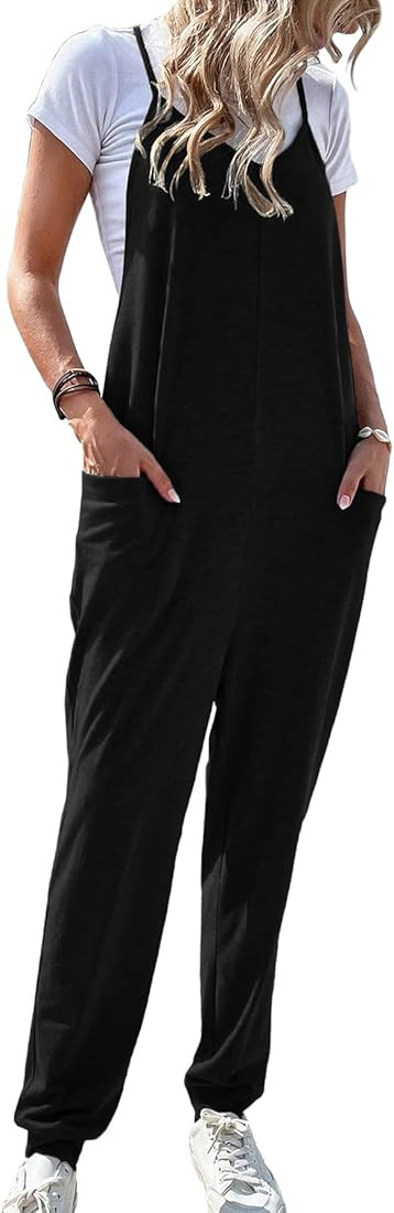WDIRARA Women's V Neck Spaghetti Strap Keyhole Back Cami Jumpsuit Overalls with Pockets | Amazon (US)