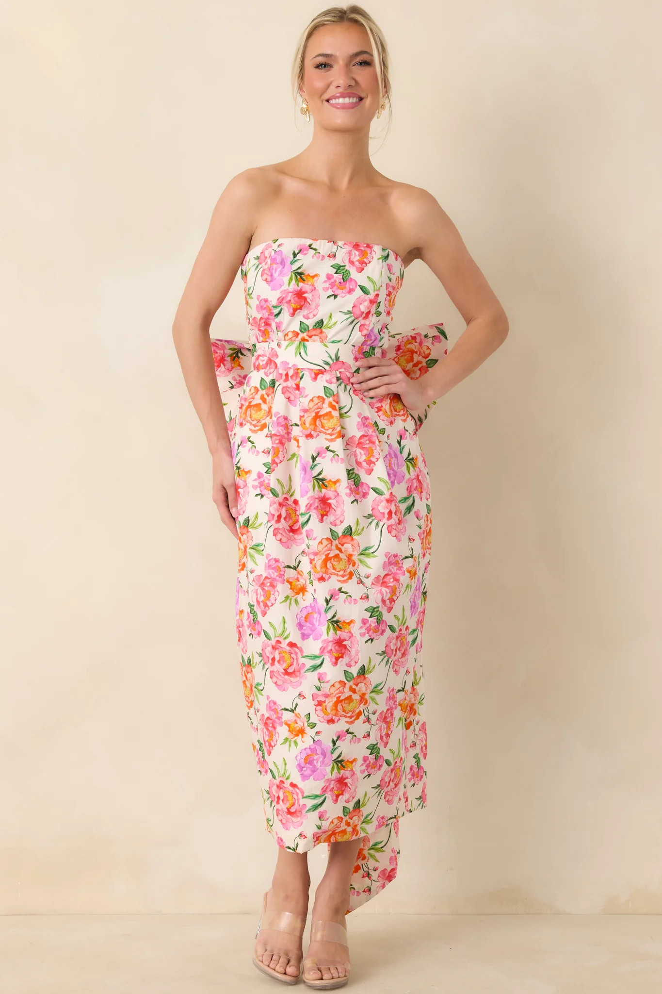 Prosperina Lisette Pink Multi Floral Cotton Strapless Midi Dress | Red Dress