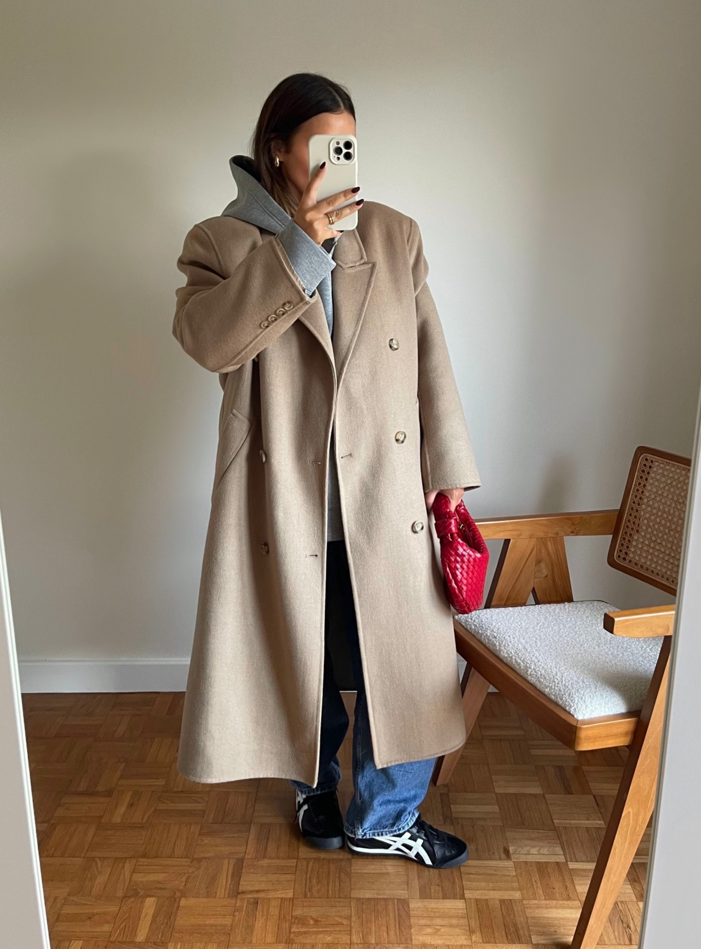 camel coat, blue jeans, grey zip scuba hoodie, miu miu inspired, outfit inspo, daily style 