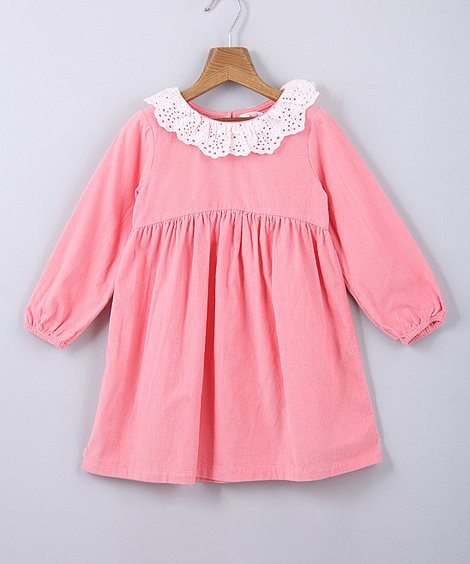 Beebay Pink Corduroy Schiffly Lace-Collar A-Line Dress - Infant, Toddler & Girls | Zulily