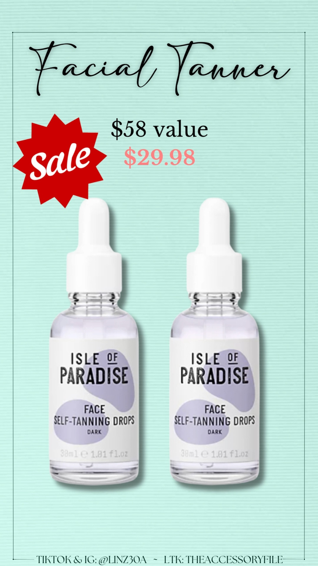 The facial self tanner I use is on sale! I use shade dark. I mix in a few drops with my moisturizer, mix it together on my finger tips and then massage it into my face and neck at night. Apply a little before bed so it has time to dry down some before you hit the pillow.

Tanner, self tanner, face tanner, summer makeup, summer necessities, summer beauty, Memorial Day sale 

#LTKSummerEdit #LTKBeauty #LTKSaleAlert