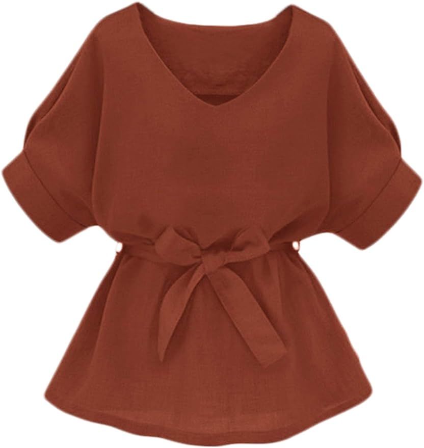 Milumia Women's Casual V Neckline Short Sleeve Self Tie Dressy Work Blouse Tunic Tops | Amazon (US)