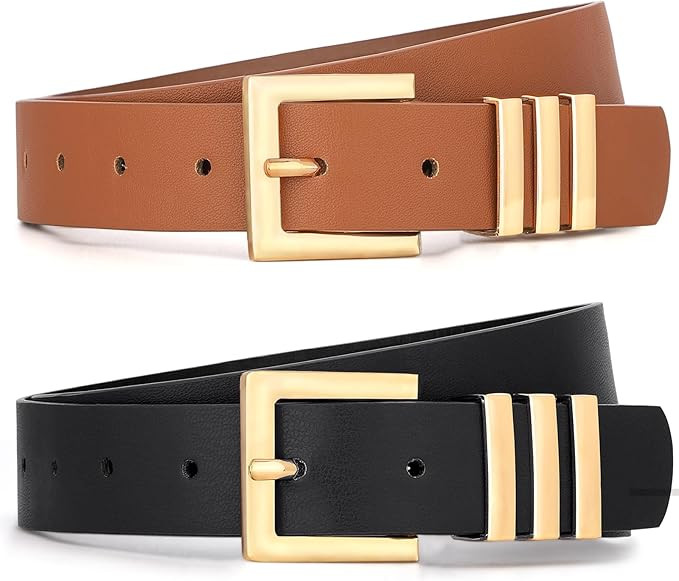 WHIPPY 2 Pack Women's Leather Belts Fashion Square Gold Buckle Ladies Belt for Jeans Pants Dress | Amazon (US)