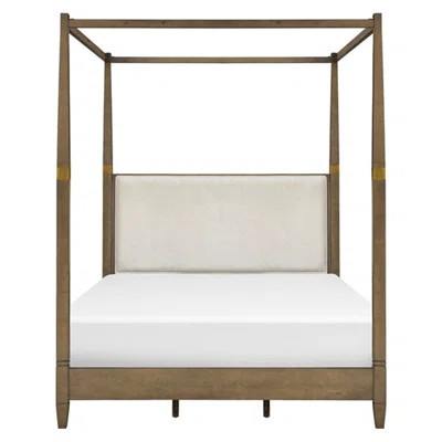 Canopy Bed Queen With Solid Wood Legs - Woven Fabric Brown Finish And Upholstered Headboard Foam Plywood Construction Metal | Wayfair North America