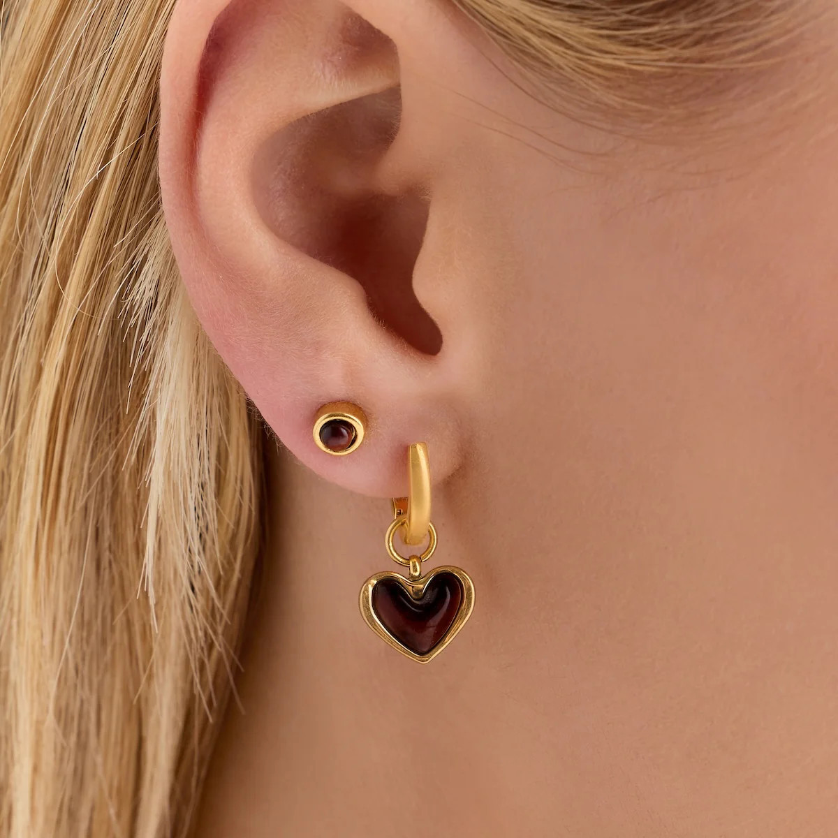 Chocolate Brown Heart Huggie Earrings & Stud Earrings Set (Gold) | Abbott Lyon