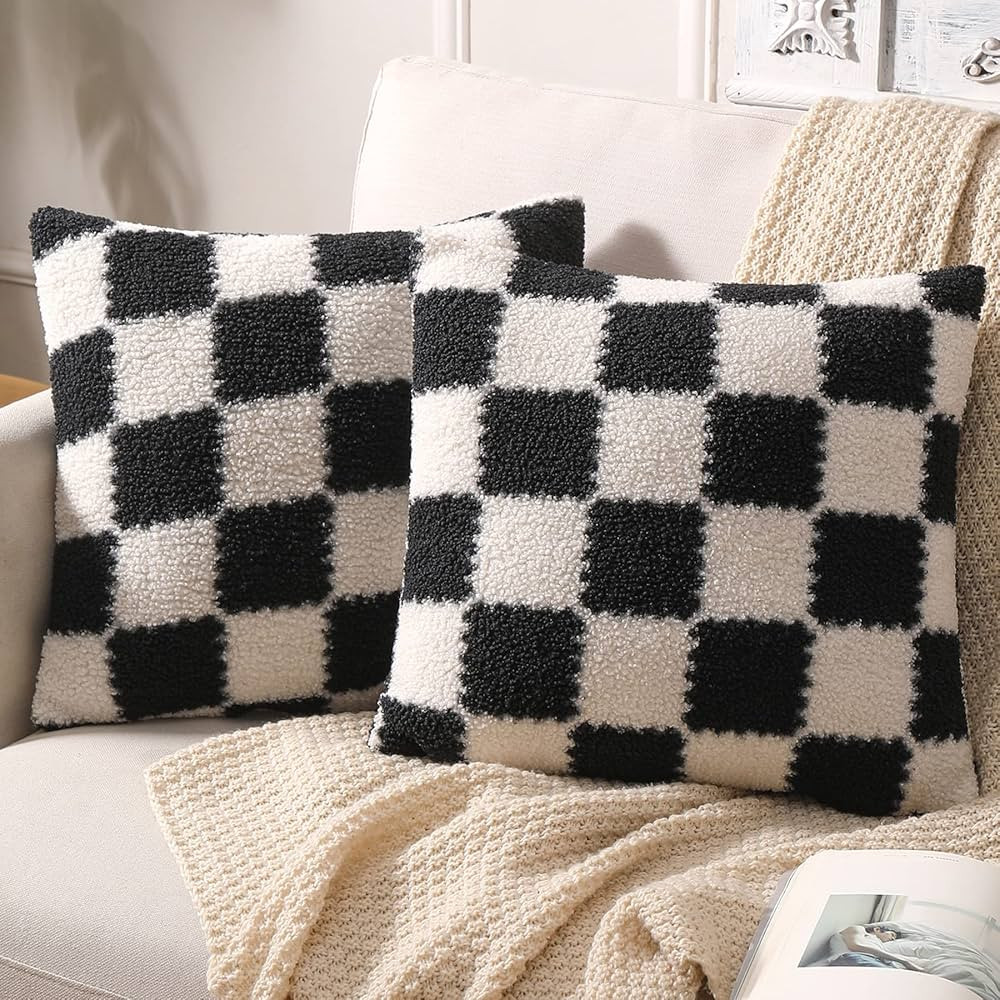 Fluffy Cesthetic Throw Pillow Covers Pack of 2 Cute Decorative Pillows Checkerboard Pattern Cushi... | Amazon (US)