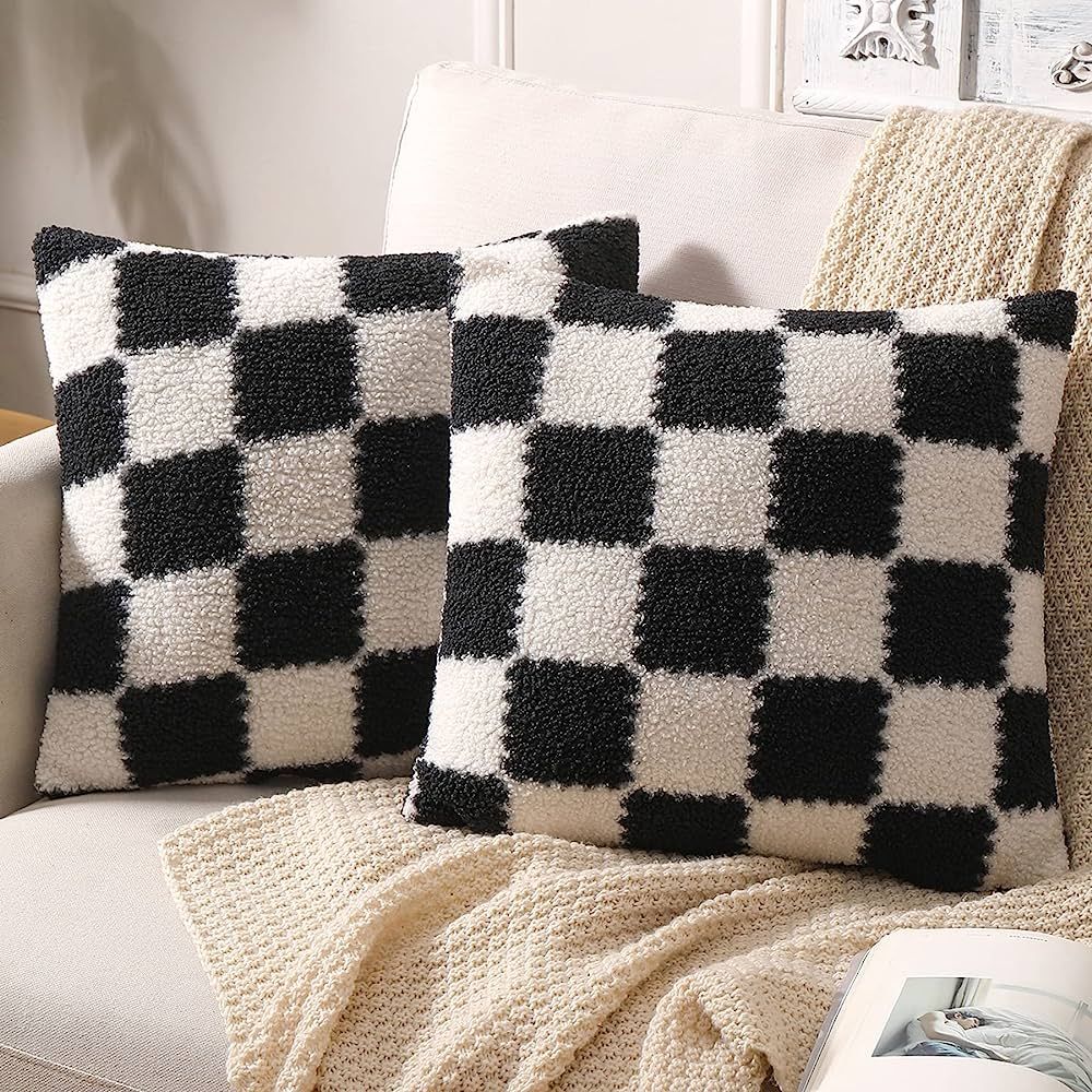 Fluffy Cesthetic Throw Pillow Covers Pack of 2 Cute Decorative Pillows Checkerboard Pattern Cushi... | Amazon (US)