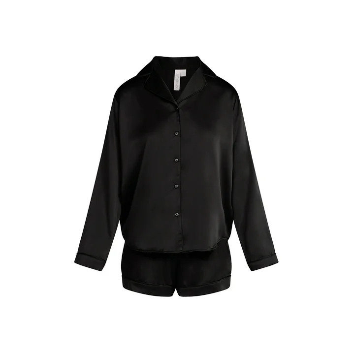 Joyspun Women’s Stretch Satin Notch Long Sleeve Top and Shorts Pajama Set, 2-Piece, Sizes XS-3X | Walmart (US)