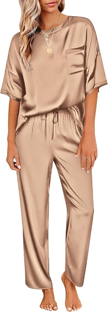 Ekouaer Womens Satin Silky Pajama Set Short Sleeve Shirt with Long Pajama Pant Set Soft PJ Loungewea | Amazon (CA)