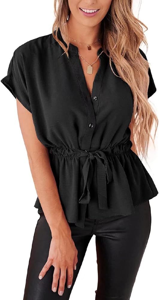 Womens Button Down Blouses Casual Peplum Summer Tops Dressy Chiffon Work Blouse | Amazon (US)