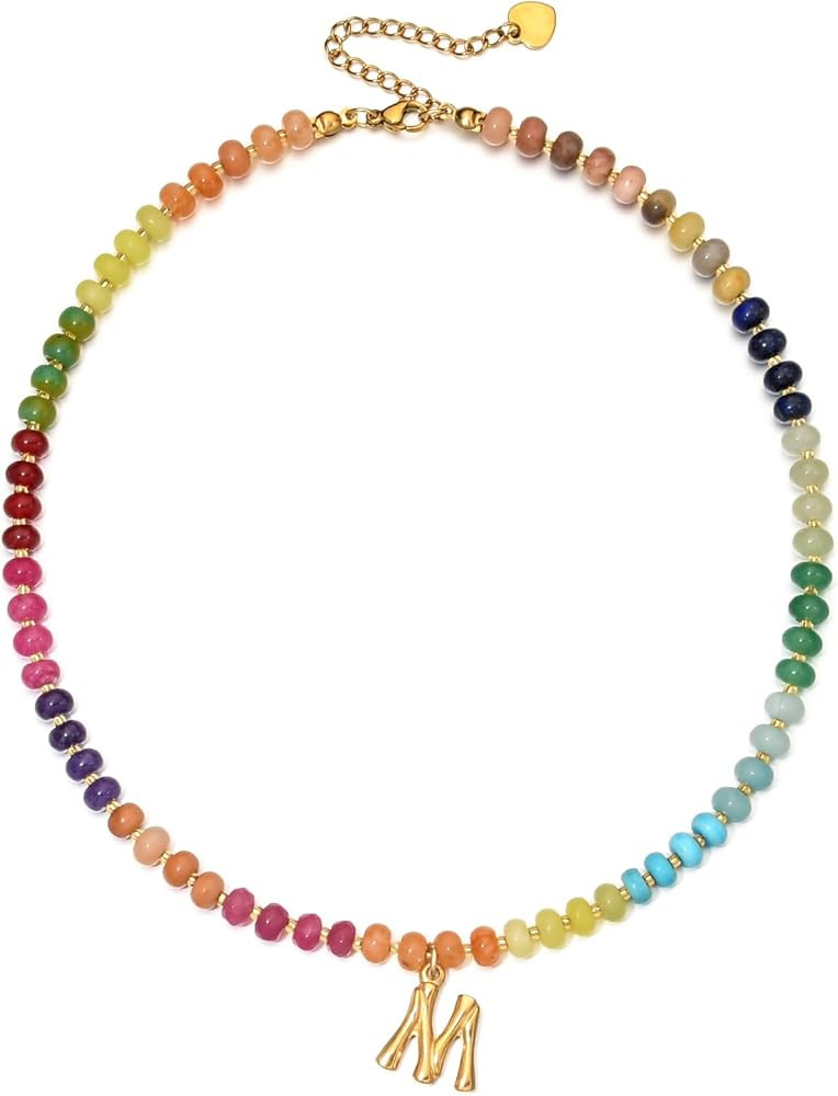Personalized Colorful Beaded Initial Necklaces for Women Boho Summer Beach Stone Letter Choker Ne... | Amazon (US)