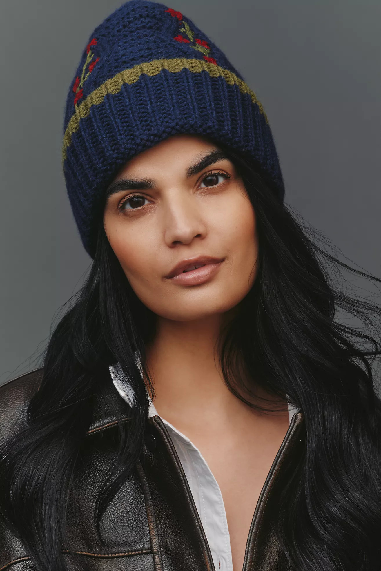 Damson Madder Floral Stitch Cable-Knit Wool Beanie | Anthropologie (US)