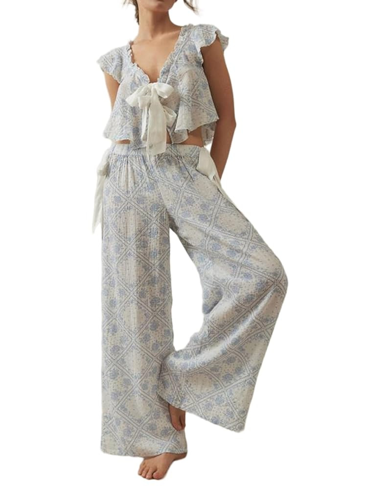 UAURORAO Women Bow Tie Front Pajamas Ruffle Sleeve Babydoll Crop Top Ribbon Lounge Pants Set Pj L... | Amazon (US)