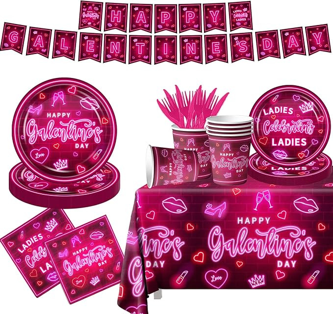 Galentines day Decorations Tableware, 142Pcs Pink Neon Galentines Day Party Decorations includes ... | Amazon (US)