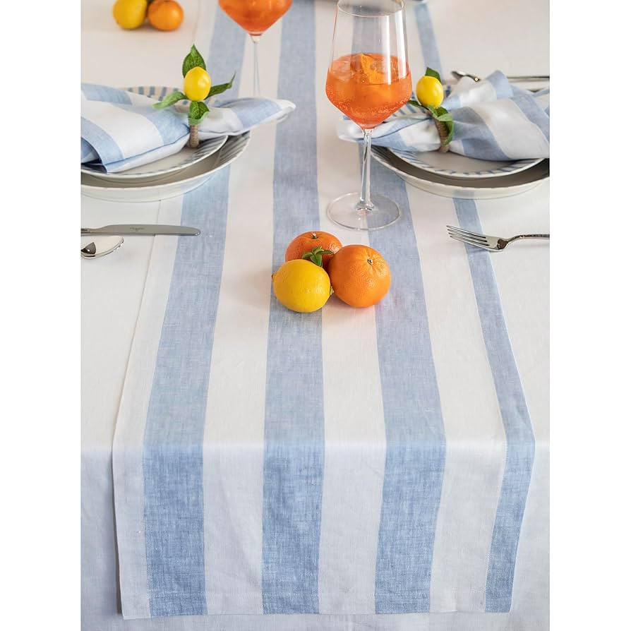 Solino Home Linen Table Runner 60 Inches - Cabana Stripe 100% Pure Linen Sky Blue and White Table... | Amazon (US)