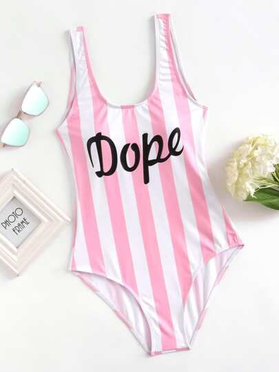 Low Back Striped & Letter Pattern One Piece Swimsuit | SHEIN