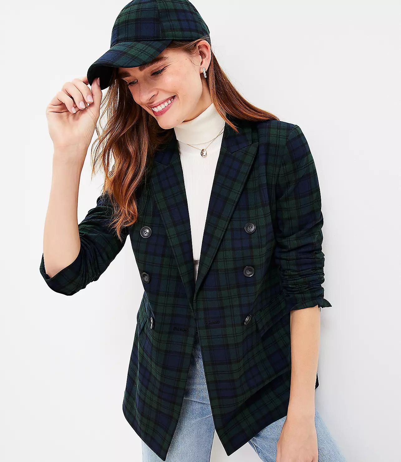 Plaid Brushed Flannel Double Breasted Blazer | LOFT