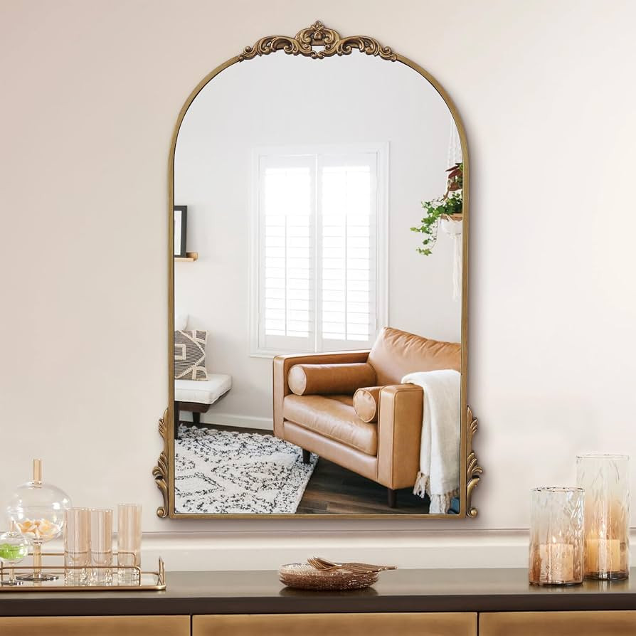 Carved Vintage Mirror Gold, 24" x 36" Antique Bathroom Mirror, Ornate Baroque Brass Mirrorfor Liv... | Amazon (US)