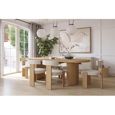 Mid-Century Modern Dining Set – Extendable Oval Table, Light Oak, Seats 6-8, Hidden Leaf, 6 Cream Upholstered Dining Chairs, Stain Resistant, Solid Wo | Wayfair North America