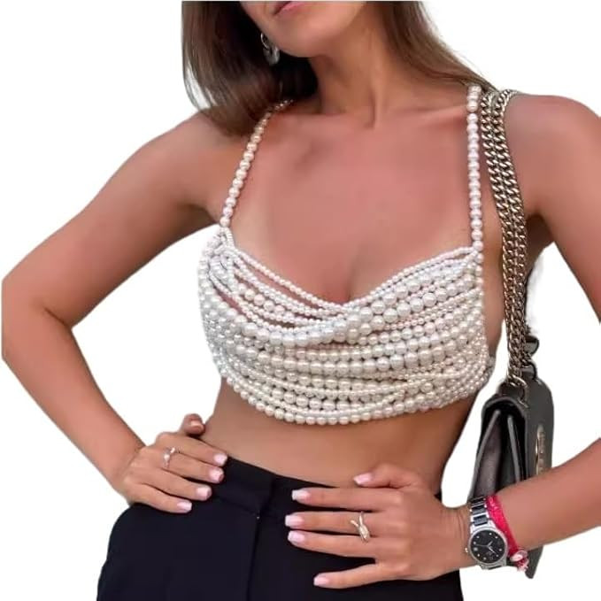 Women’s pearl crop top sleeveless beaded halter bra top layered pearl straps backless bustier | Amazon (US)