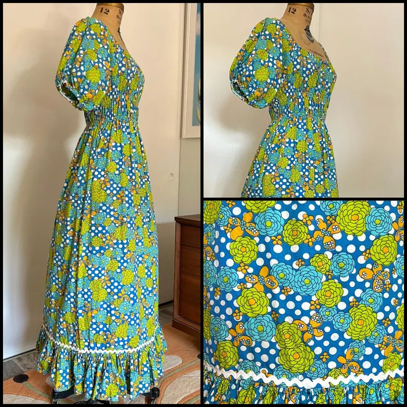 1970s Vintage Handmade Blue & Green Floral Polka Dot Prairie Maxi Dress | Puff Sleeve Elastic Wai... | Etsy (US)