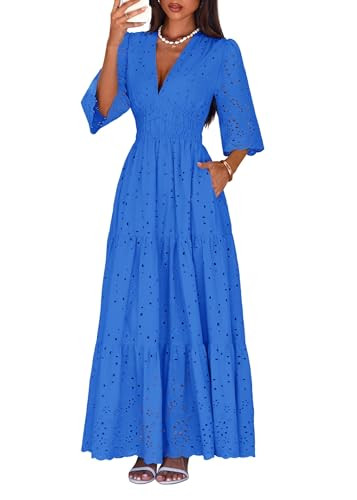 Lazysmile Long Sleeve Dresses for Women V Neck Hollow Out Eyelet Ruffle Swing A-Line Fall Vacatio... | Amazon (US)